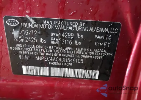 2013 Hyundai Sonata Se из США, поврежденный, VIN 5NPEC4AC4DH549108